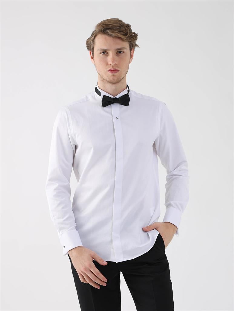 Beyaz Erkek Slim Fit Düz Ata Yaka Duble Manşetli Kol Gömlek 