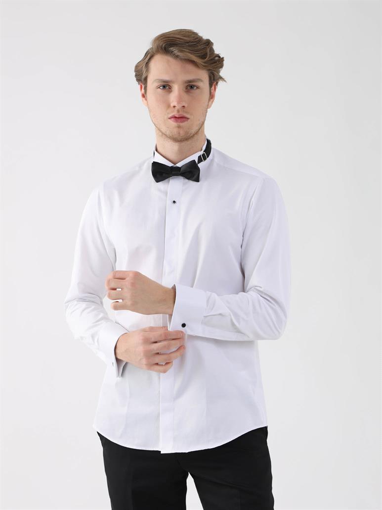 Beyaz Erkek Slim Fit Düz Ata Yaka Duble Manşetli Kol Gömlek 