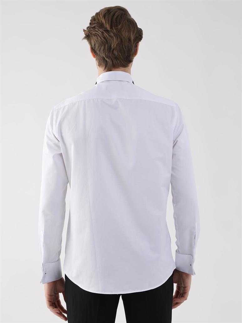 Beyaz Erkek Slim Fit Düz Ata Yaka Duble Manşetli Kol Gömlek 