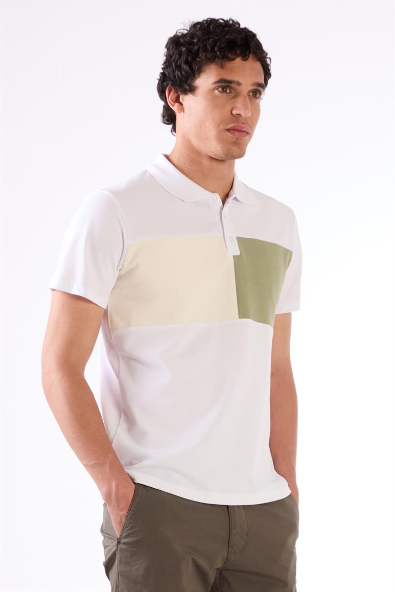 Beyaz Erkek Slim Fit Desenli Polo Yaka T-shirt 