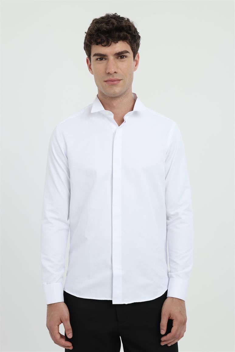 Beyaz Erkek Slim Fit Düz Ata Yaka Duble Manşetli Kol Gömlek 