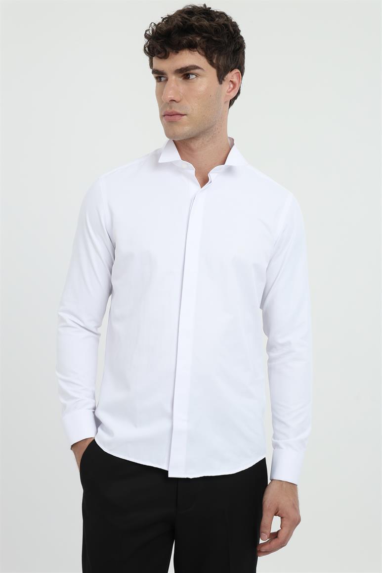 Beyaz Erkek Slim Fit Düz Ata Yaka Duble Manşetli Kol Gömlek 