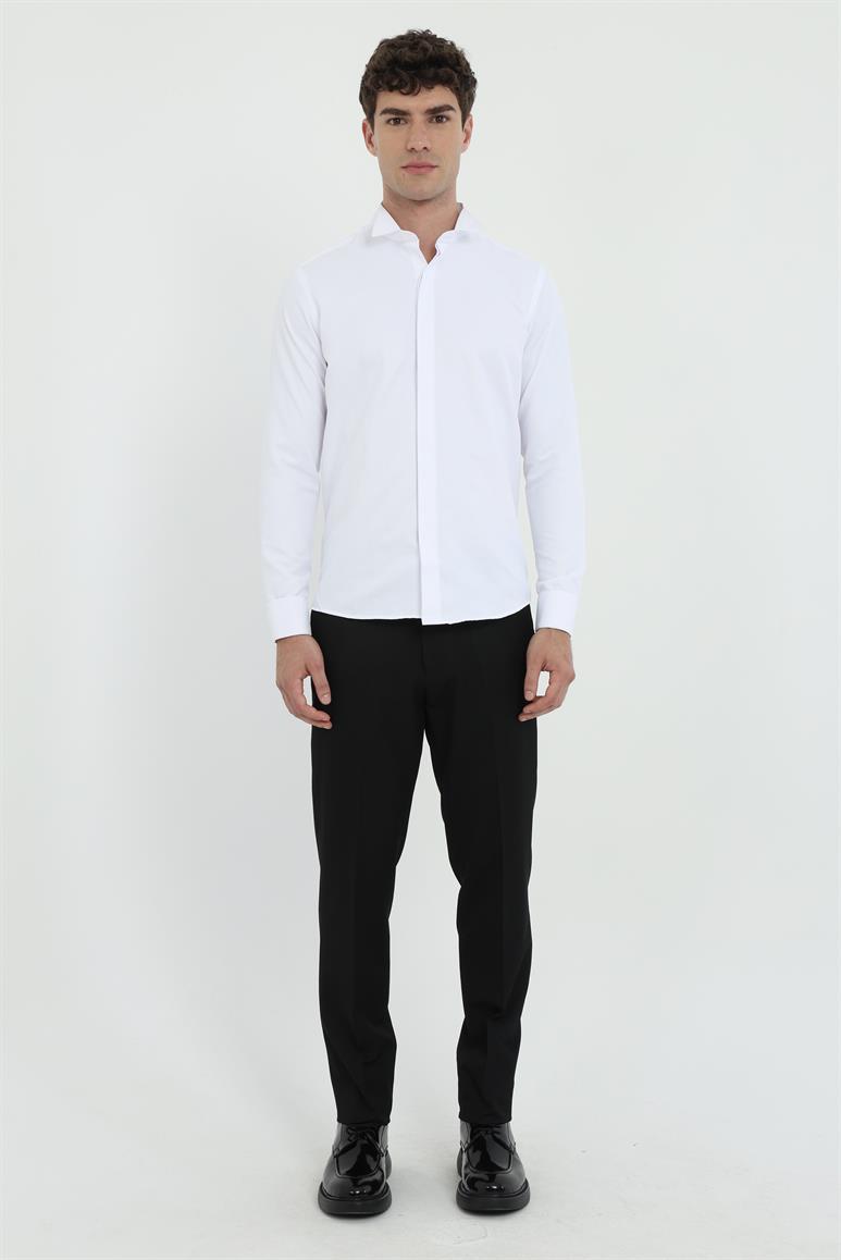 Beyaz Erkek Slim Fit Düz Ata Yaka Duble Manşetli Kol Gömlek 