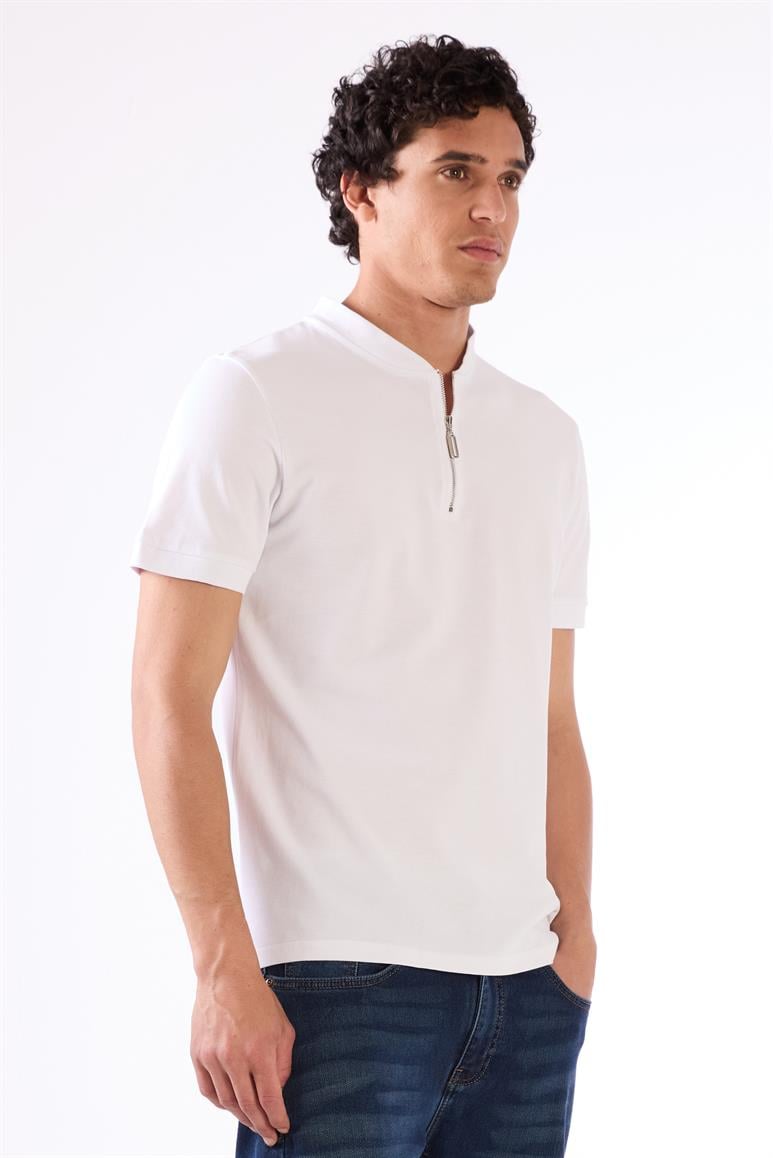 Beyaz Erkek Slim Fit Düz Bomber Yaka T-shirt 