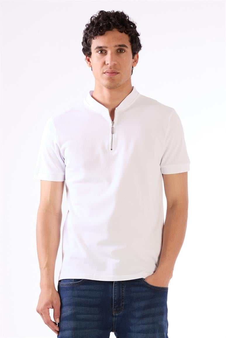 Beyaz Erkek Slim Fit Düz Bomber Yaka T-shirt 
