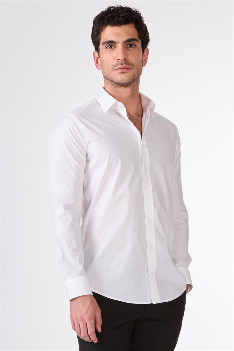 Beyaz Erkek Slim Fit Klasik Yaka Uzun Kol Gömlek 