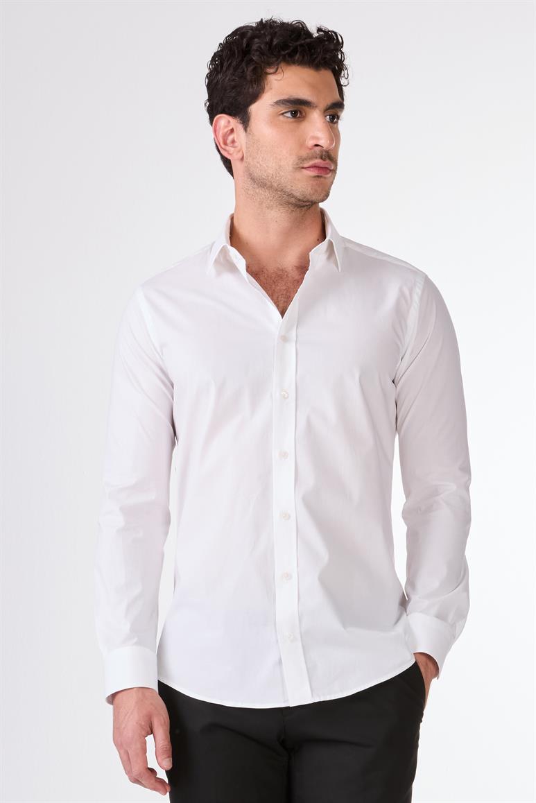 Beyaz Erkek Slim Fit Klasik Yaka Uzun Kol Gömlek 