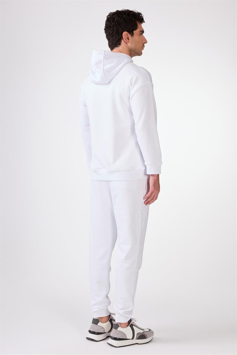 Beyaz Kapüşonlu Kanguru Cepli Regular Fit Erkek Sweatshırt
