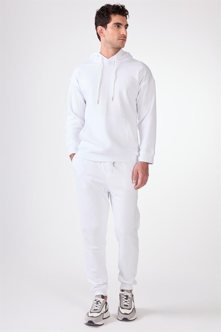 Beyaz Kapüşonlu Kanguru Cepli Regular Fit Erkek Sweatshırt