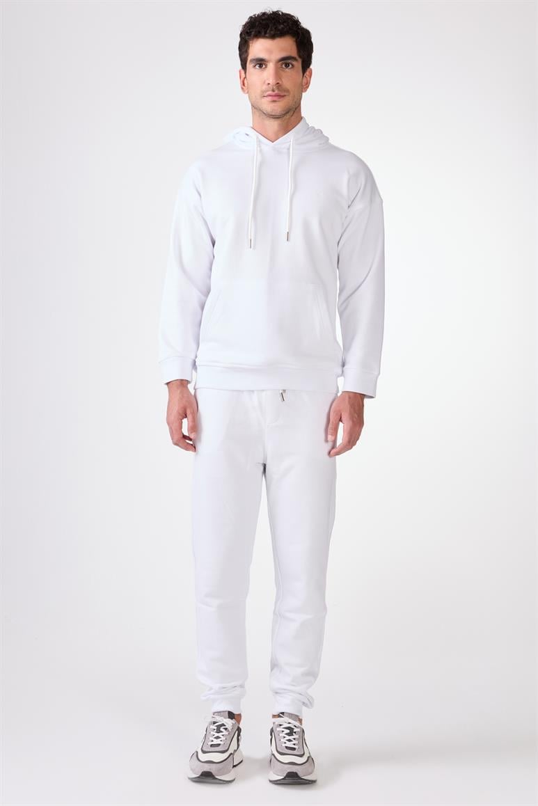 Beyaz Kapüşonlu Kanguru Cepli Regular Fit Erkek Sweatshırt