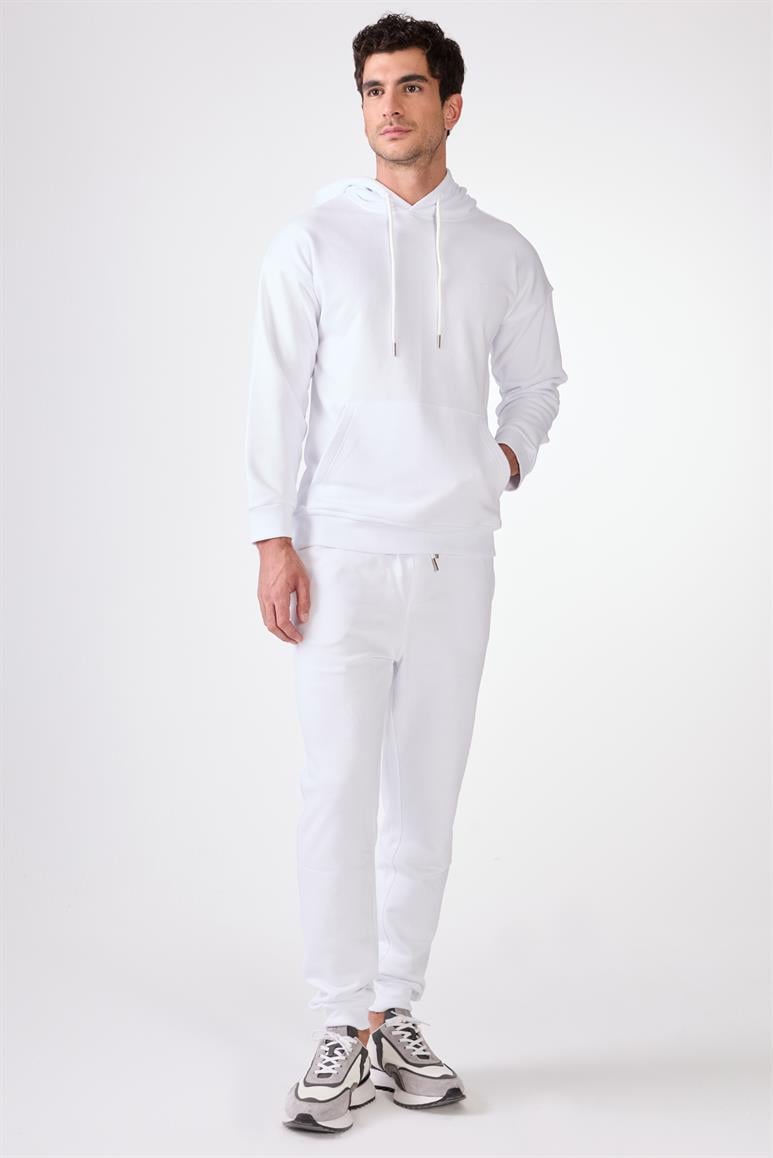 Beyaz Kapüşonlu Kanguru Cepli Regular Fit Erkek Sweatshırt