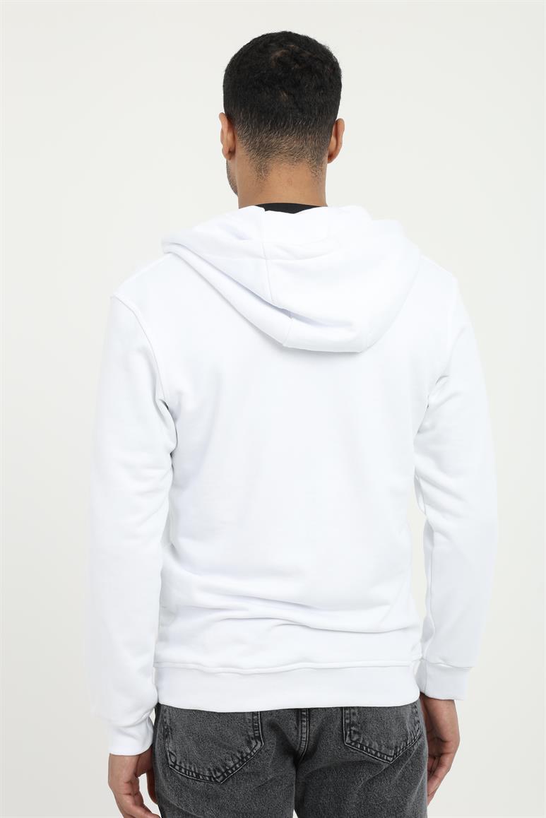 Beyaz Fermuar Kapamalı Kapüşonlu Erkek Regular Fit Sweatshirt