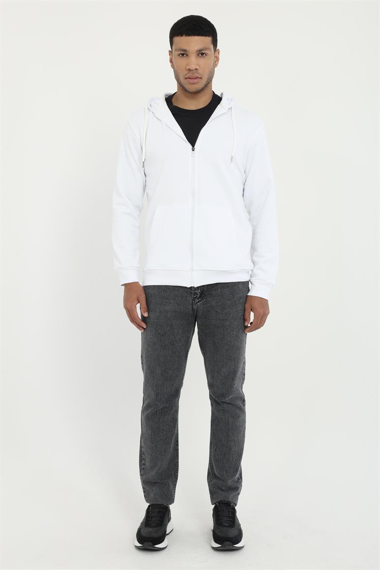 Beyaz Fermuar Kapamalı Kapüşonlu Erkek Regular Fit Sweatshirt