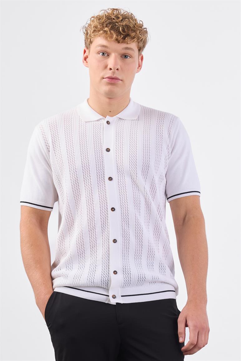 Beyaz Polo Düğmeli  Fitilli Kısa Kollu Slim Fit Erkek Triko