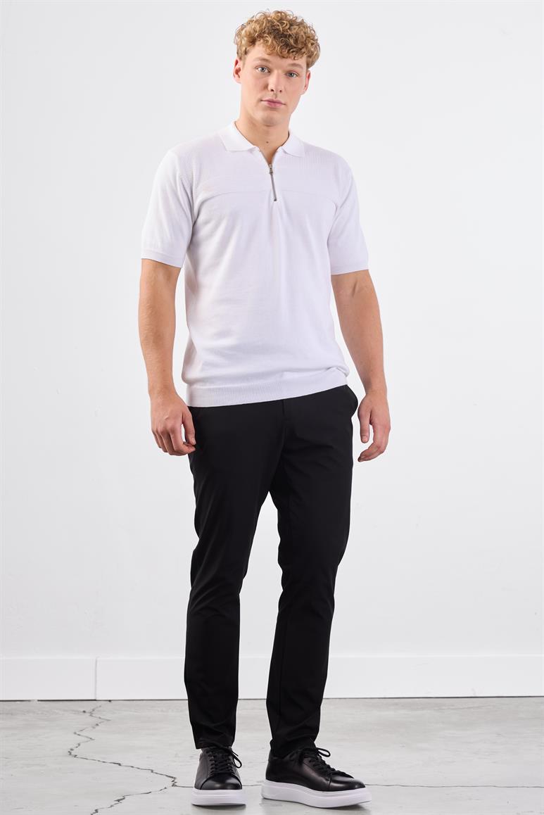 Beyaz Fermuarlı Polo Yaka Kısa Kollu Örgü Slim Fit Erkek Triko