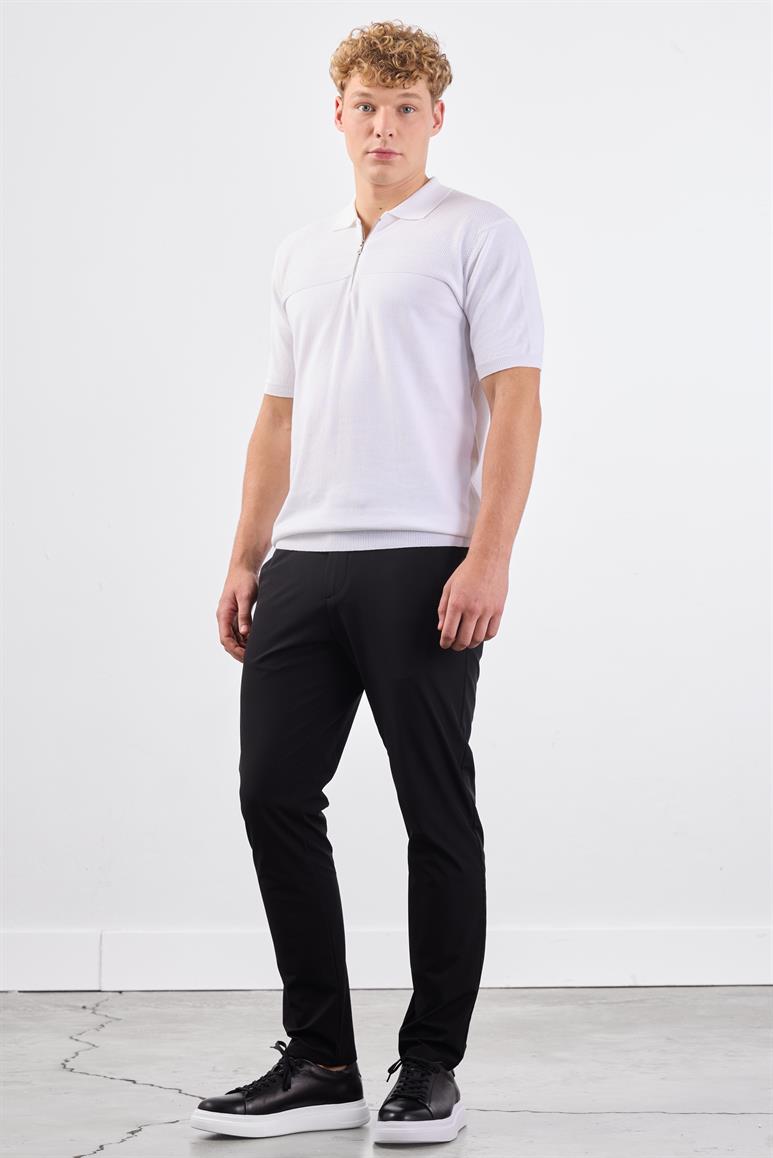 Beyaz Fermuarlı Polo Yaka Kısa Kollu Örgü Slim Fit Erkek Triko