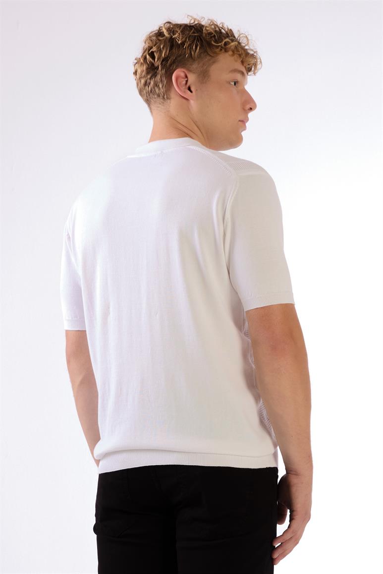 Beyaz Polo Düğmeli Kısa Kollu Düz Renk Fitilli Slim Fit Erkek Triko
