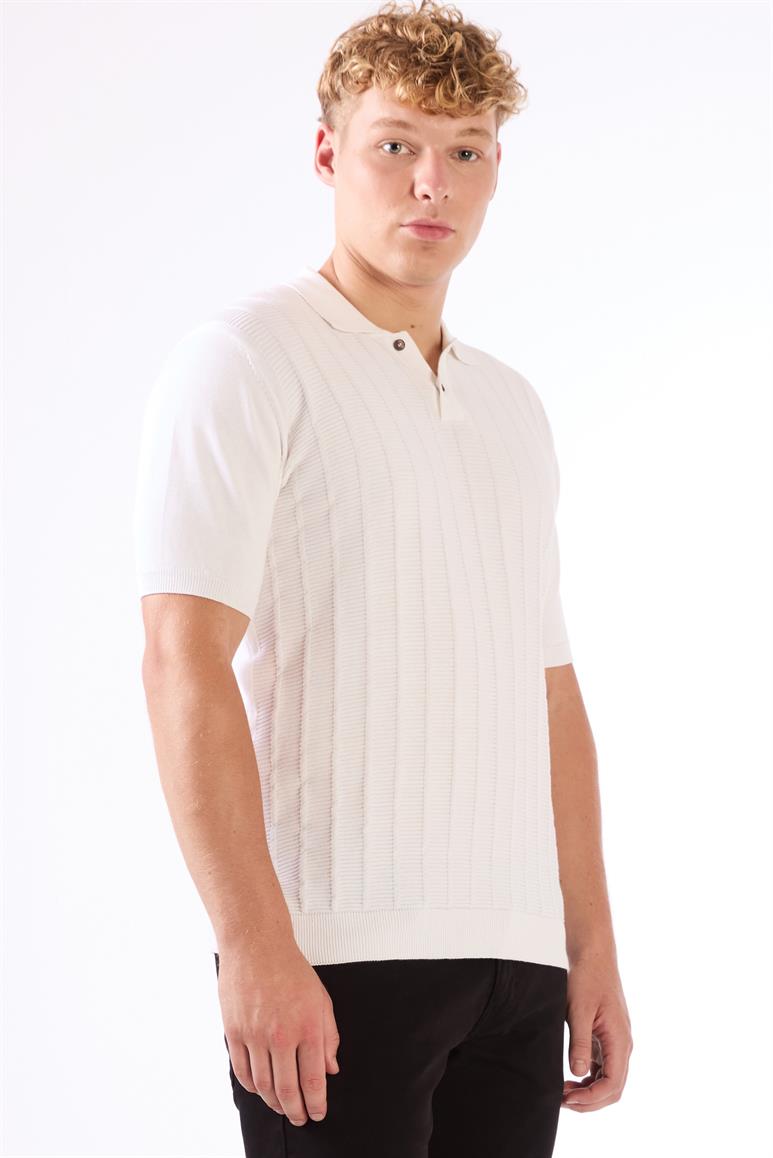 Beyaz Polo Düğmeli Kısa Kollu Düz Renk Fitilli Slim Fit Erkek Triko