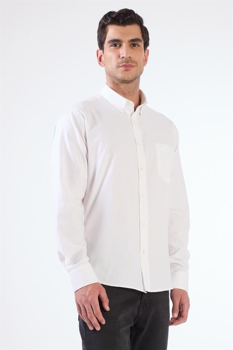Beyaz Regular Fit Düz Brent Düğmeli Yaka Uzun Kol Gömlek 