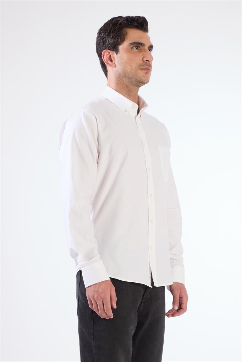 Beyaz Regular Fit Düz Brent Düğmeli Yaka Uzun Kol Gömlek 
