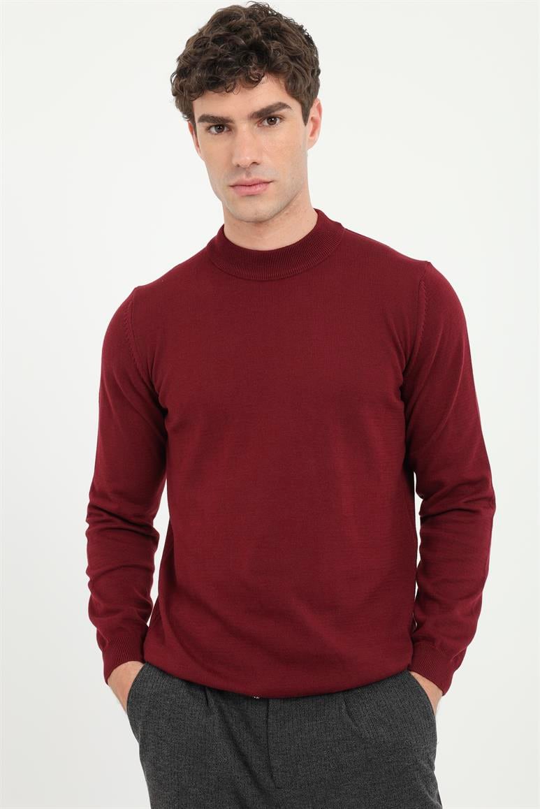 Bordo Yarım Balıkçı Düz Regular Fit Erkek Triko