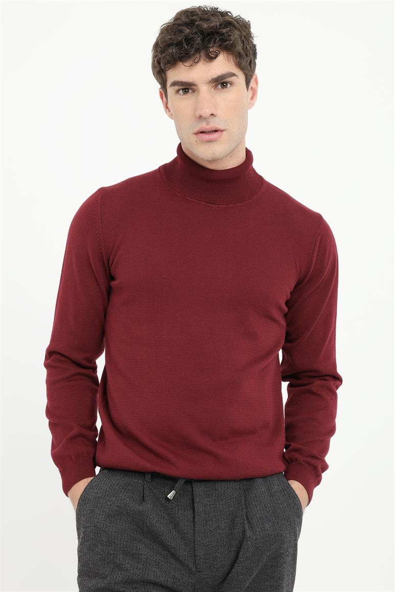Bordo Tam Balıkçı Regular Fit Düz Erkek Triko