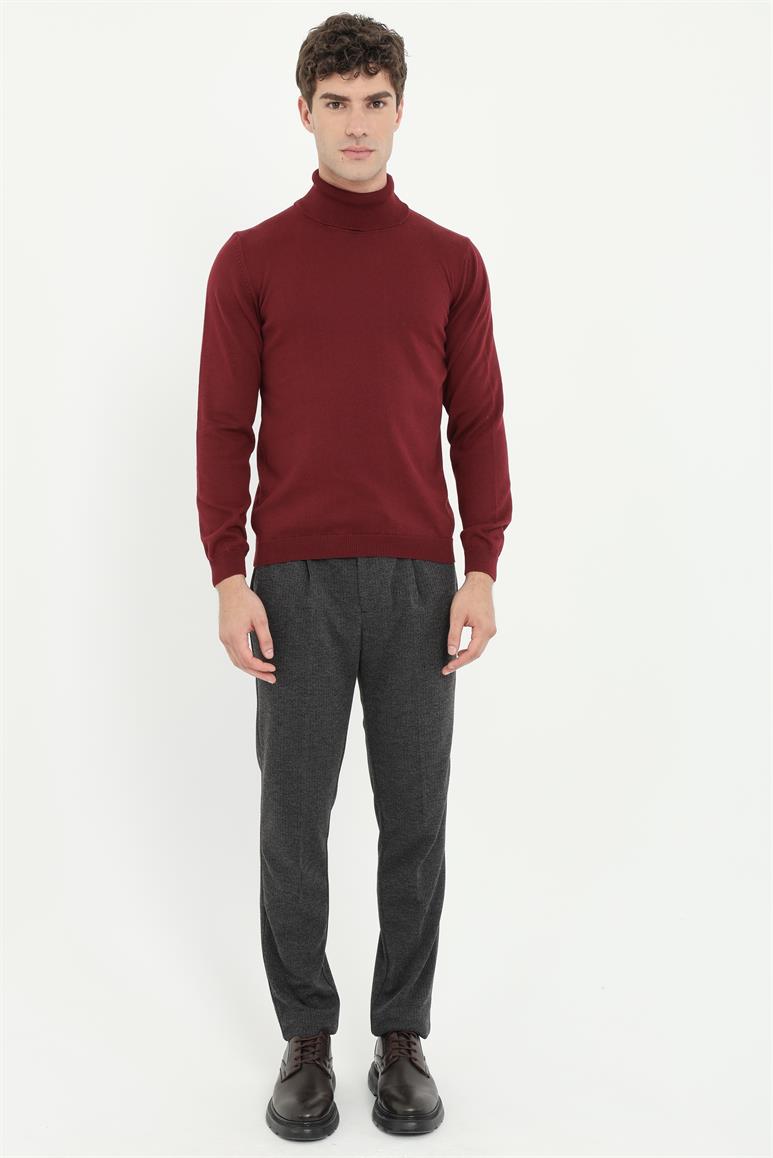 Bordo Tam Balıkçı Regular Fit Düz Erkek Triko