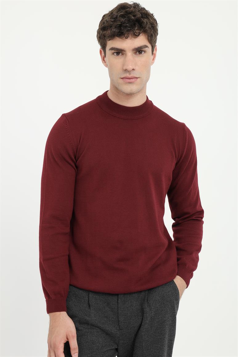 Bordo Yarım Balıkçı Düz Regular Fit Erkek Triko