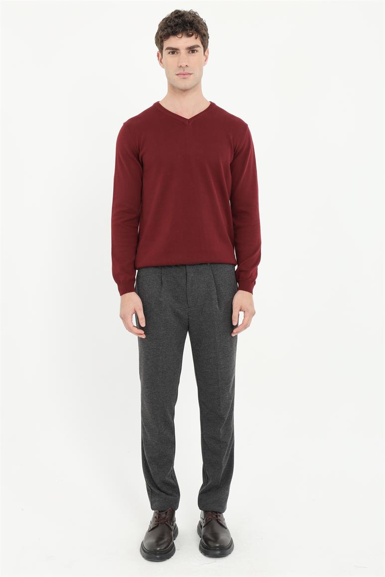 Bordo V Yaka Regular Fit Erkek Triko