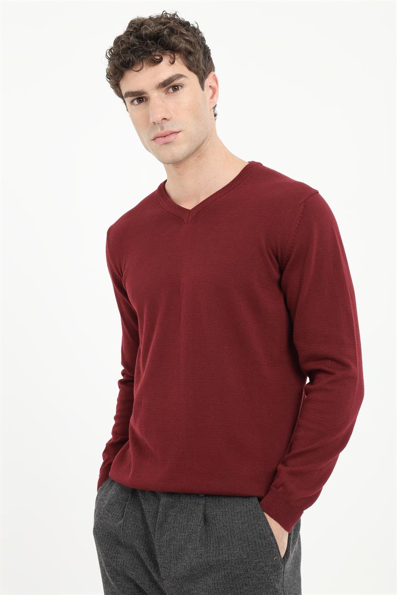 Bordo V Yaka Regular Fit Erkek Triko