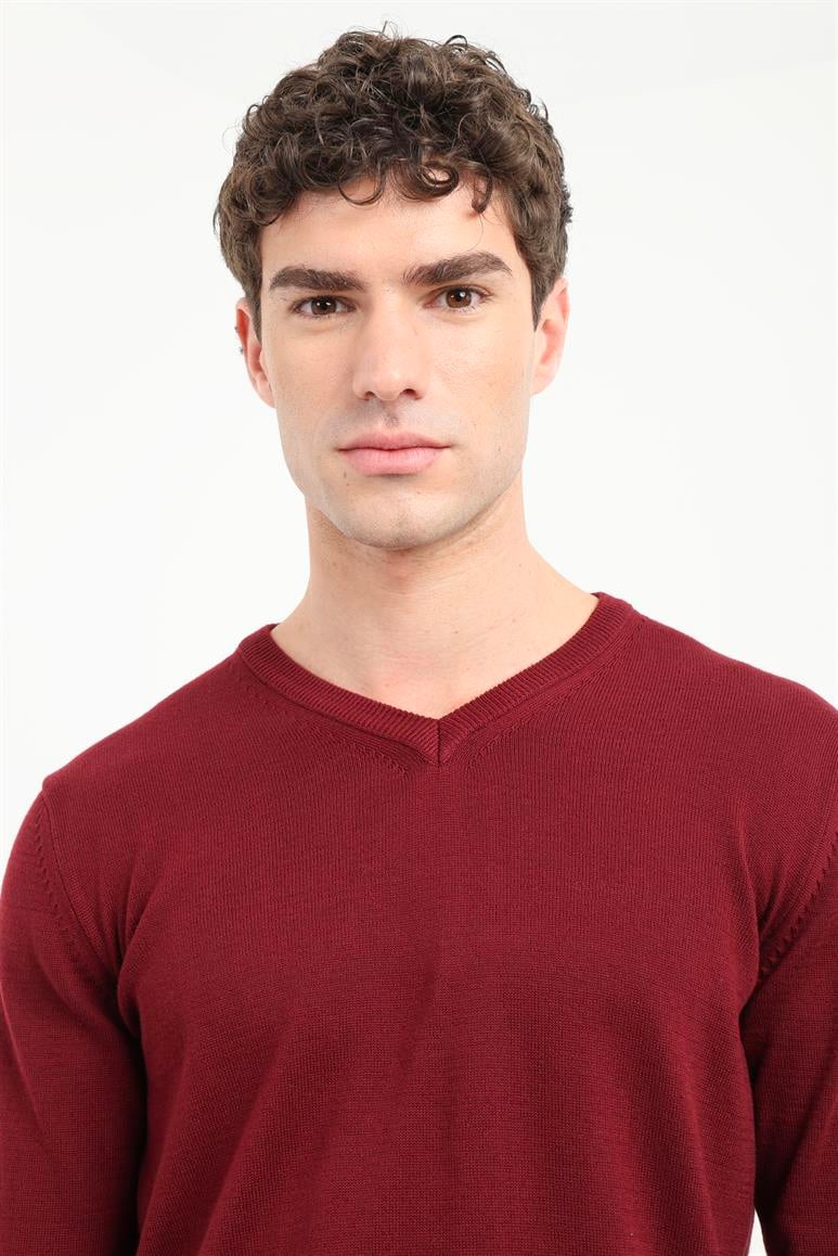Bordo V Yaka Regular Fit Erkek Triko