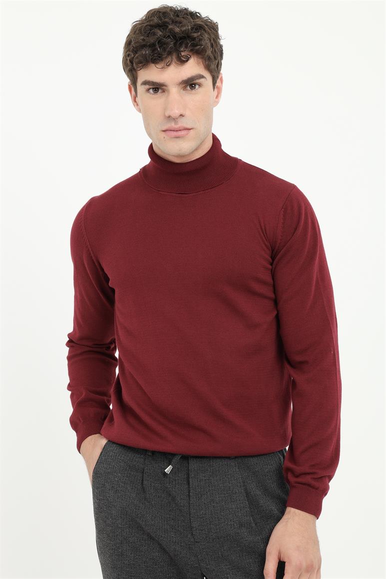 Bordo Tam Balıkçı Regular Fit Düz Erkek Triko