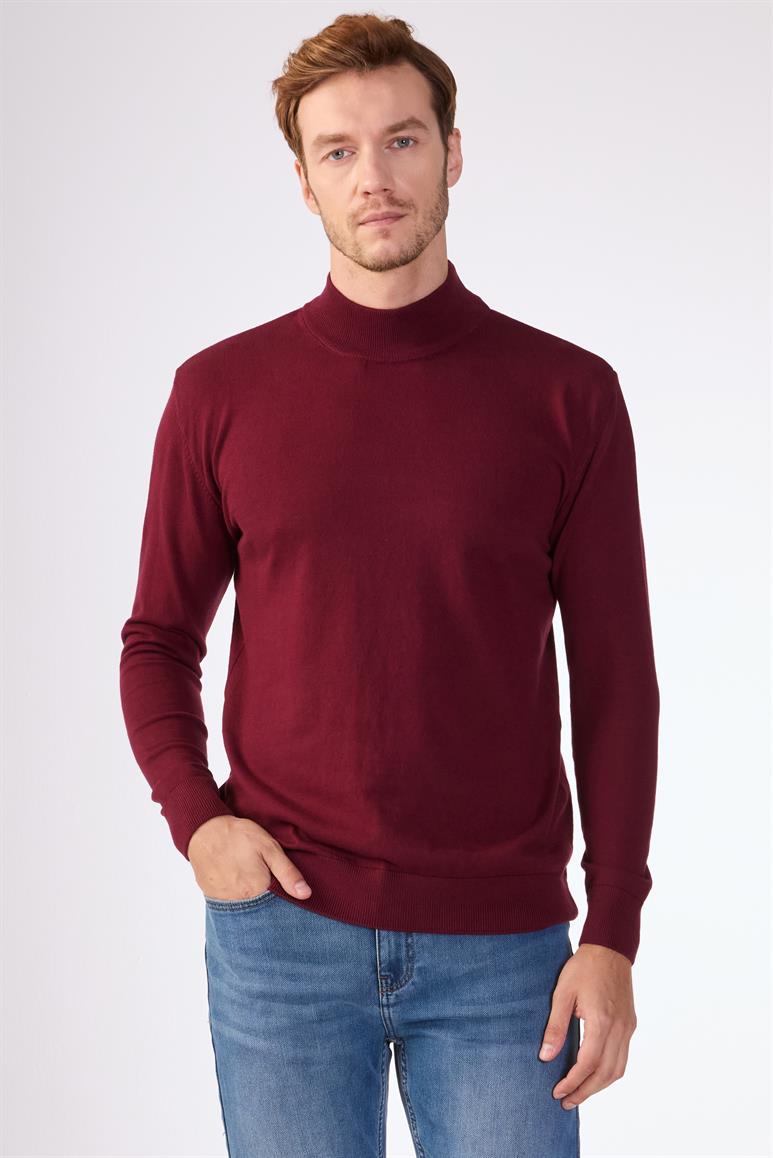 Bordo Yarım Balıkçı %100 Pamuk Düz Renk Slim Fit Erkek Triko