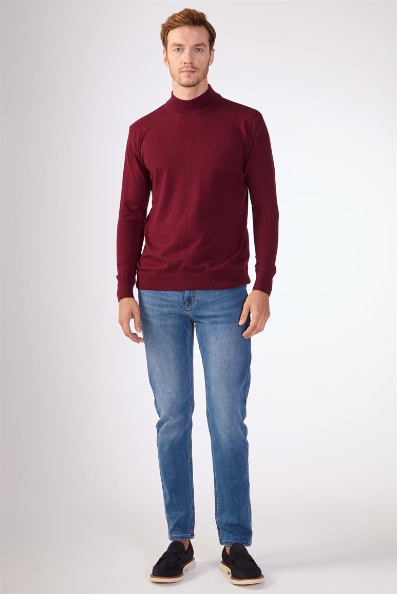 Bordo Yarım Balıkçı %100 Pamuk Düz Renk Slim Fit Erkek Triko