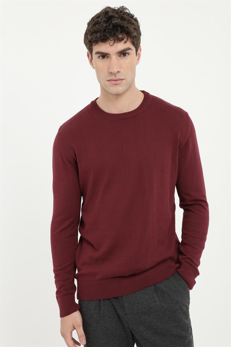 Bordo Bisiklet Yaka %100 Pamuk Düz Renk Slim Fit Erkek Triko