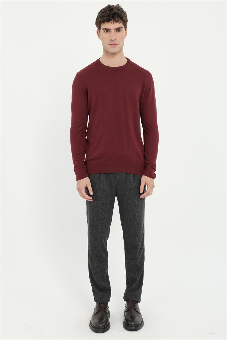 Bordo Bisiklet Yaka %100 Pamuk Düz Renk Slim Fit Erkek Triko