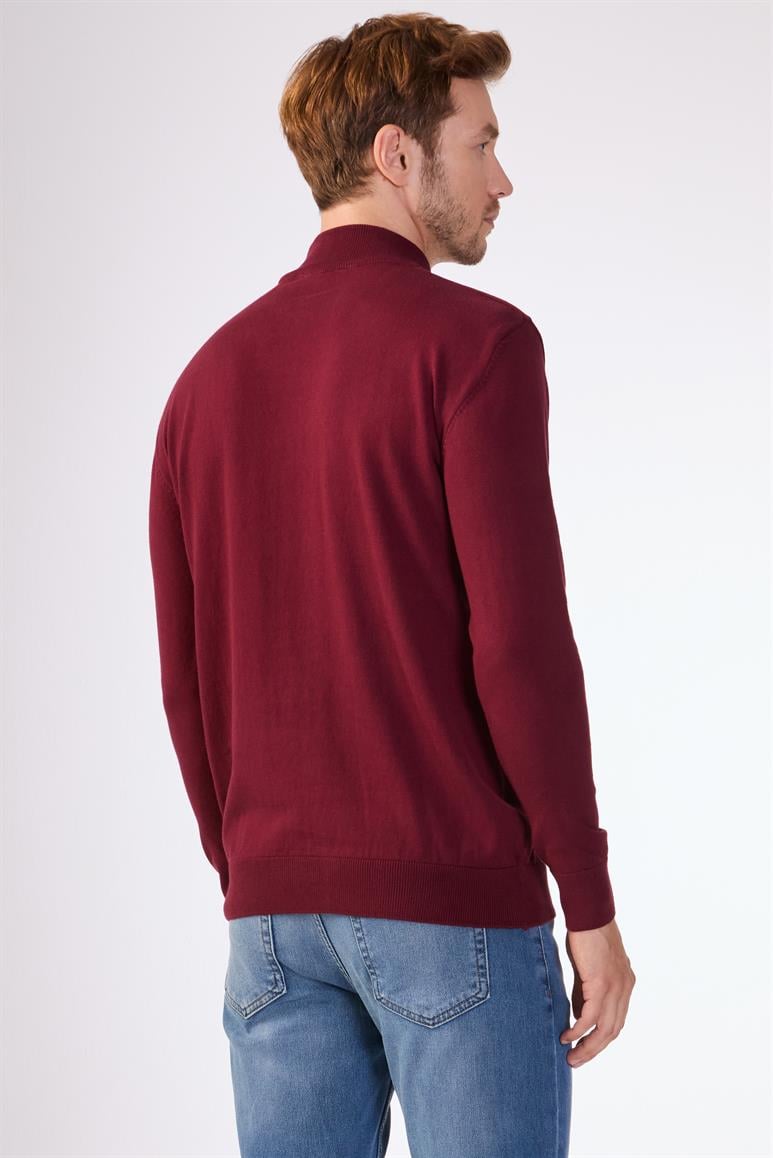 Bordo Yarım Balıkçı %100 Pamuk Düz Renk Slim Fit Erkek Triko