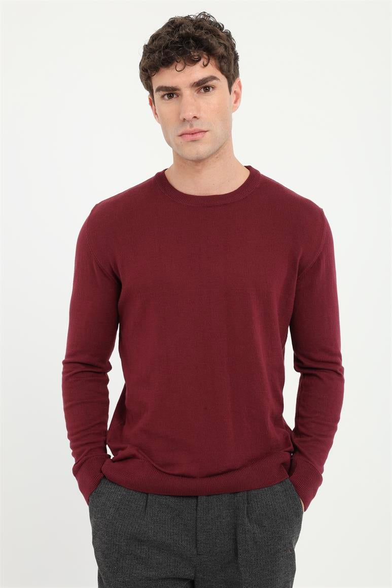 Bordo Bisiklet Yaka %100 Pamuk Düz Renk Slim Fit Erkek Triko
