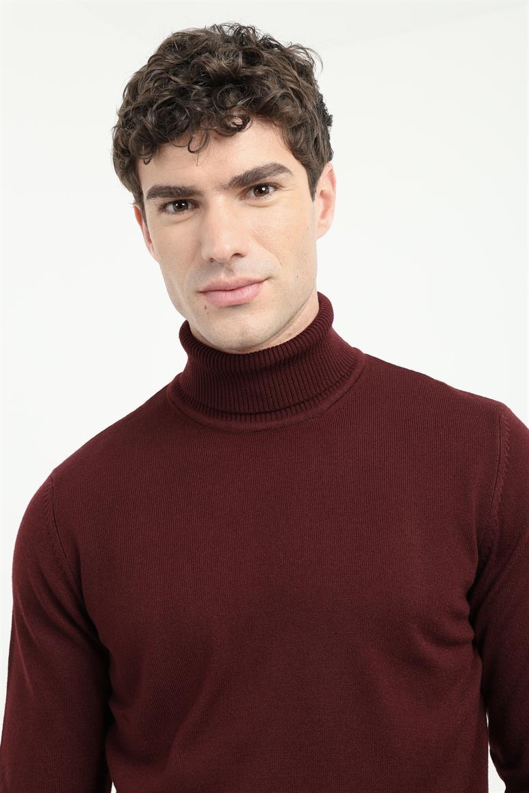 Bordo Balıkçı Yaka Slim Fit Erkek Triko