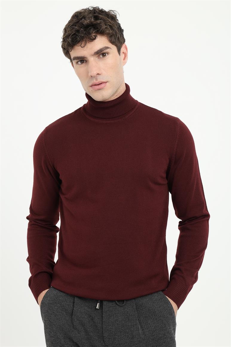 Bordo Balıkçı Yaka Slim Fit Erkek Triko