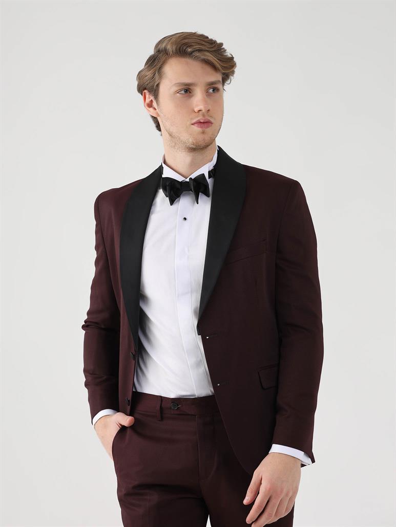 Bordo Erkek Slim Fit Düz Sivri Yaka Smokin Takım 