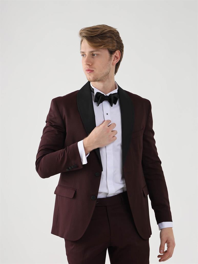 Bordo Erkek Slim Fit Düz Sivri Yaka Smokin Takım 