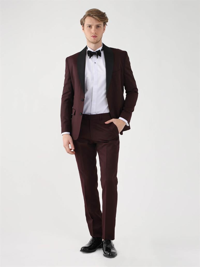 Bordo Erkek Slim Fit Düz Sivri Yaka Smokin Takım 