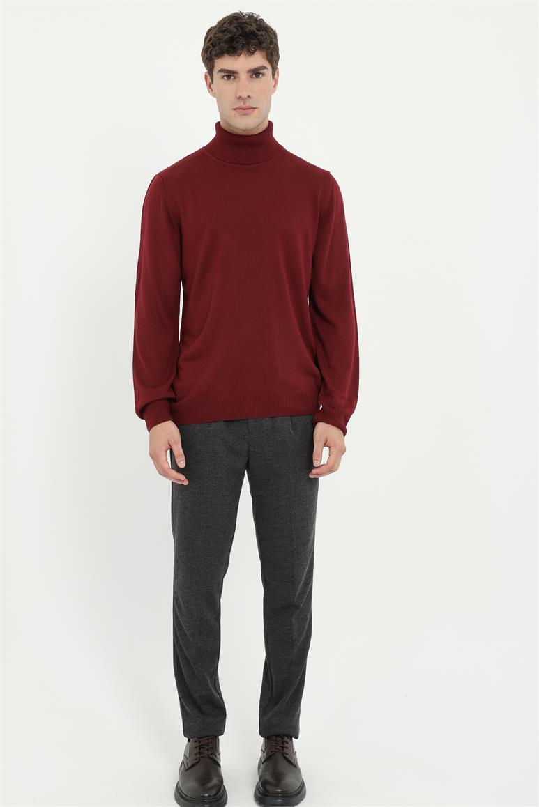Bordo Tam Balıkçı Slim Fit Erkek Triko