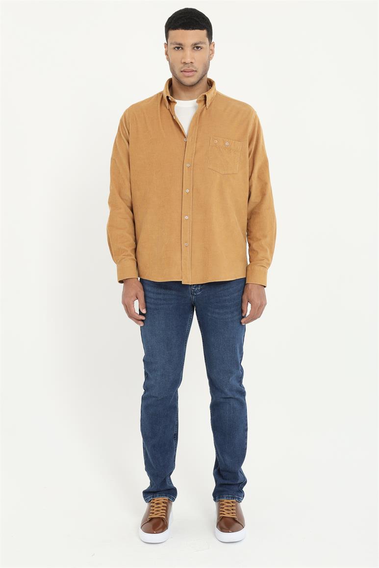Camel Fitilli Kadife Regular Fit Erkek Gömlek 