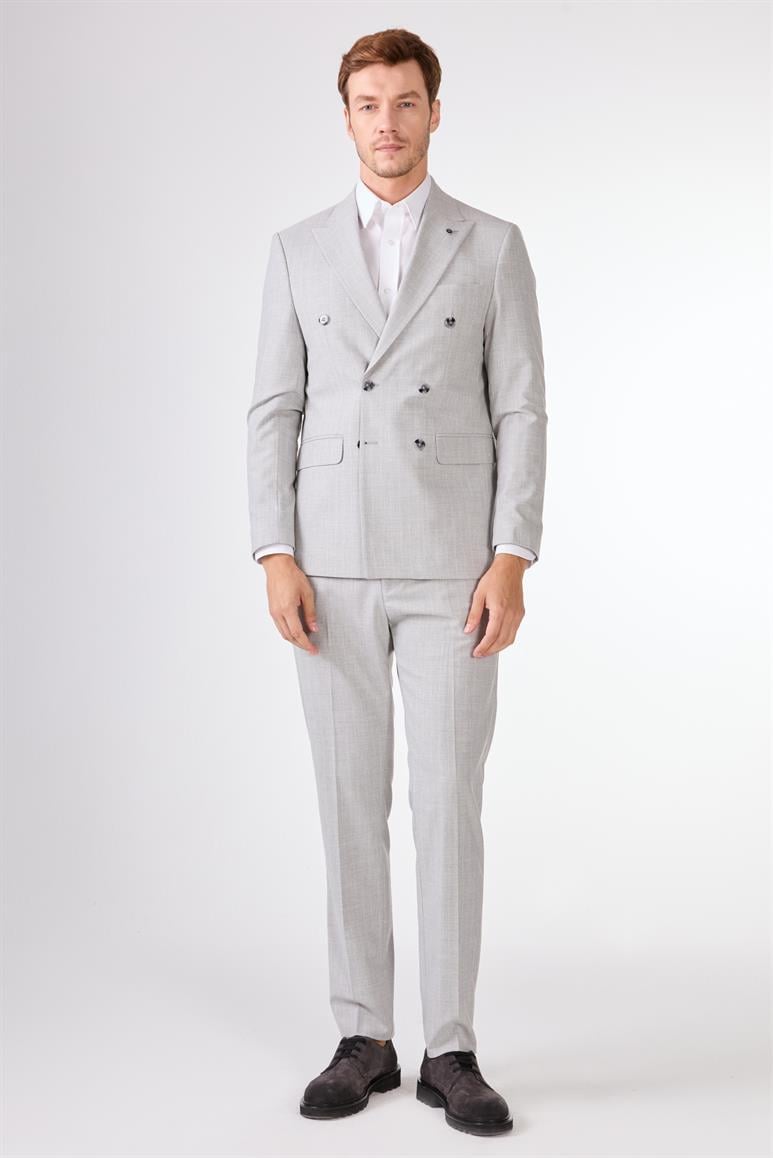 Açık Gri Çizgili Kruvaze Slim Fit Takım Elbise