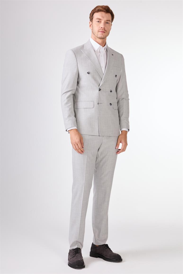 Açık Gri Çizgili Kruvaze Slim Fit Takım Elbise