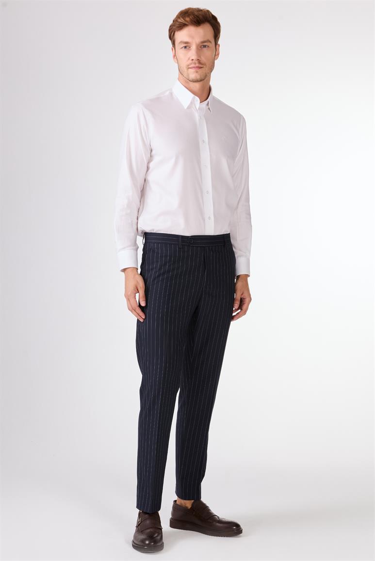 Lacivert Çizgili Kruvaze Slim Fit Takım Elbise