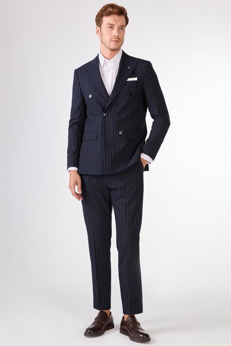 Lacivert Çizgili Kruvaze Slim Fit Takım Elbise