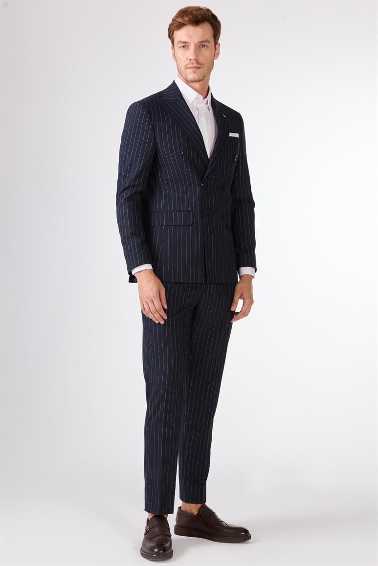 Lacivert Çizgili Kruvaze Slim Fit Takım Elbise